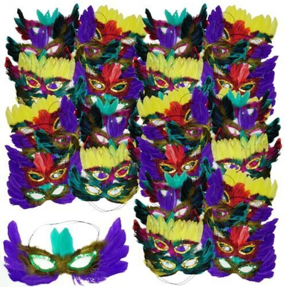 1494 50 Pack Bulk Mardi Gras Masks With Feathers for Adult , Masquerade
